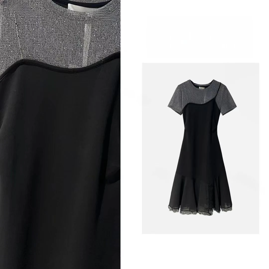 设计感黑色蕾丝连衣裙女款裙子圆领中长裙蝴蝶夏季连衣裙