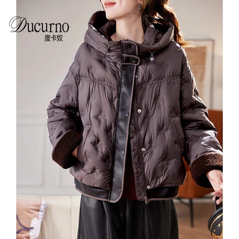连帽拼接白鸭绒羽绒服女款2026新款冬季宽松加厚休闲短款保暖外套