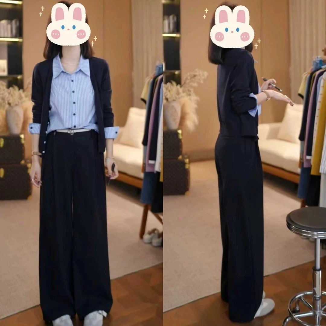 【彦可】风条纹衬衣拼毛织假两件羊毛长袖上衣+休闲裤子BB