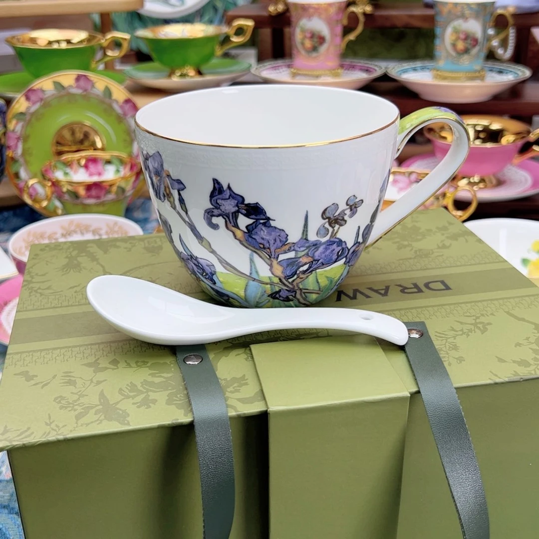 骨瓷自然写生鸢尾花早餐杯配勺子原盒