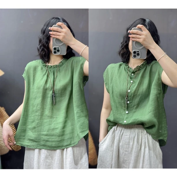 【瑜妹妹】42支苎麻纯色木耳花边领-超凉快～上衣T恤飞袖背心上衣女