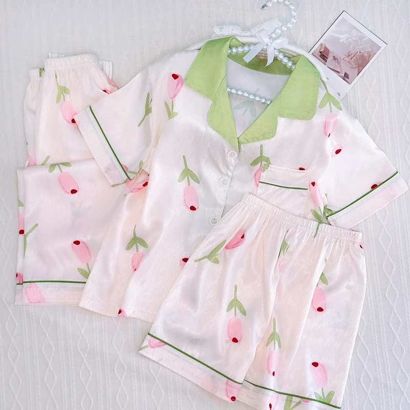 儿童睡衣夏季薄款冰丝短袖三件套空调服女孩中大童学生家居服夏天