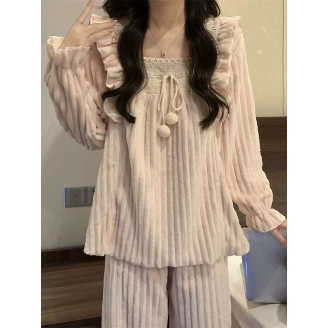 A41珊瑚绒加厚保暖睡衣套装女冬季2024新款甜美宽松长裤居家服
