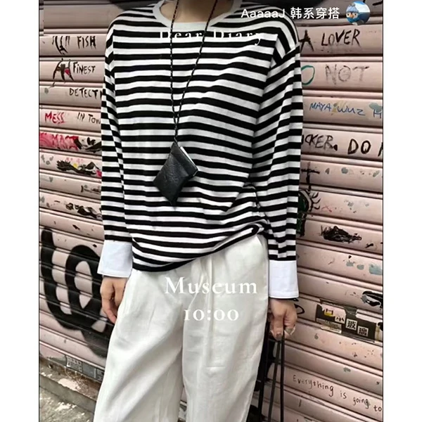 胸98-130长56圆领条纹长袖基础针织衫设计感袖口打底衫上衣 7042