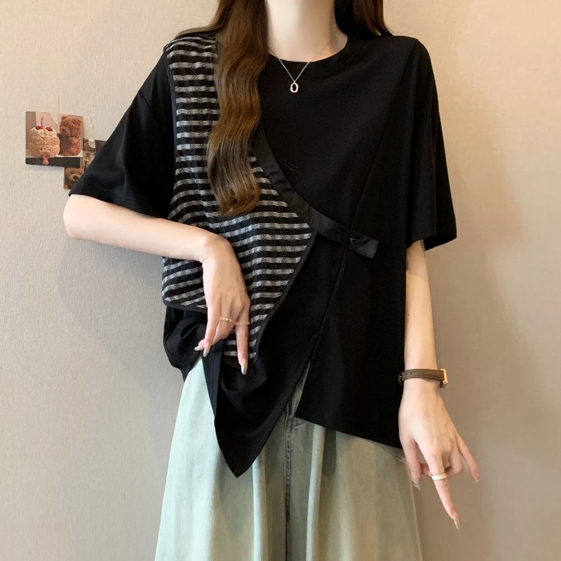 大码设计感假两件短袖T恤女夏季新款微胖MM宽松显瘦百搭洋气上衣