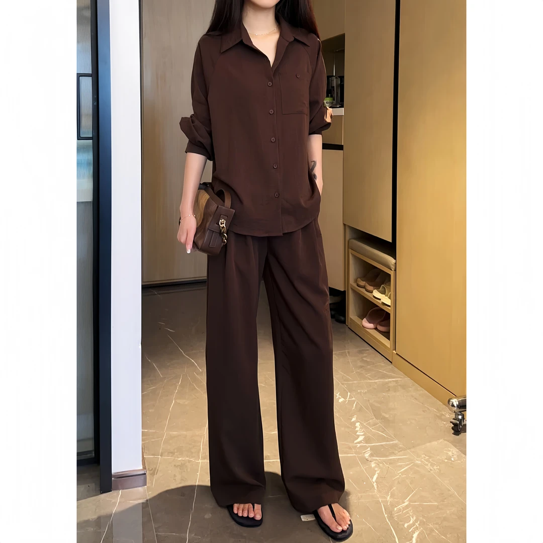 2025新款时尚套装女复古翻领长袖衬衫宽松显瘦阔腿裤休闲两件套