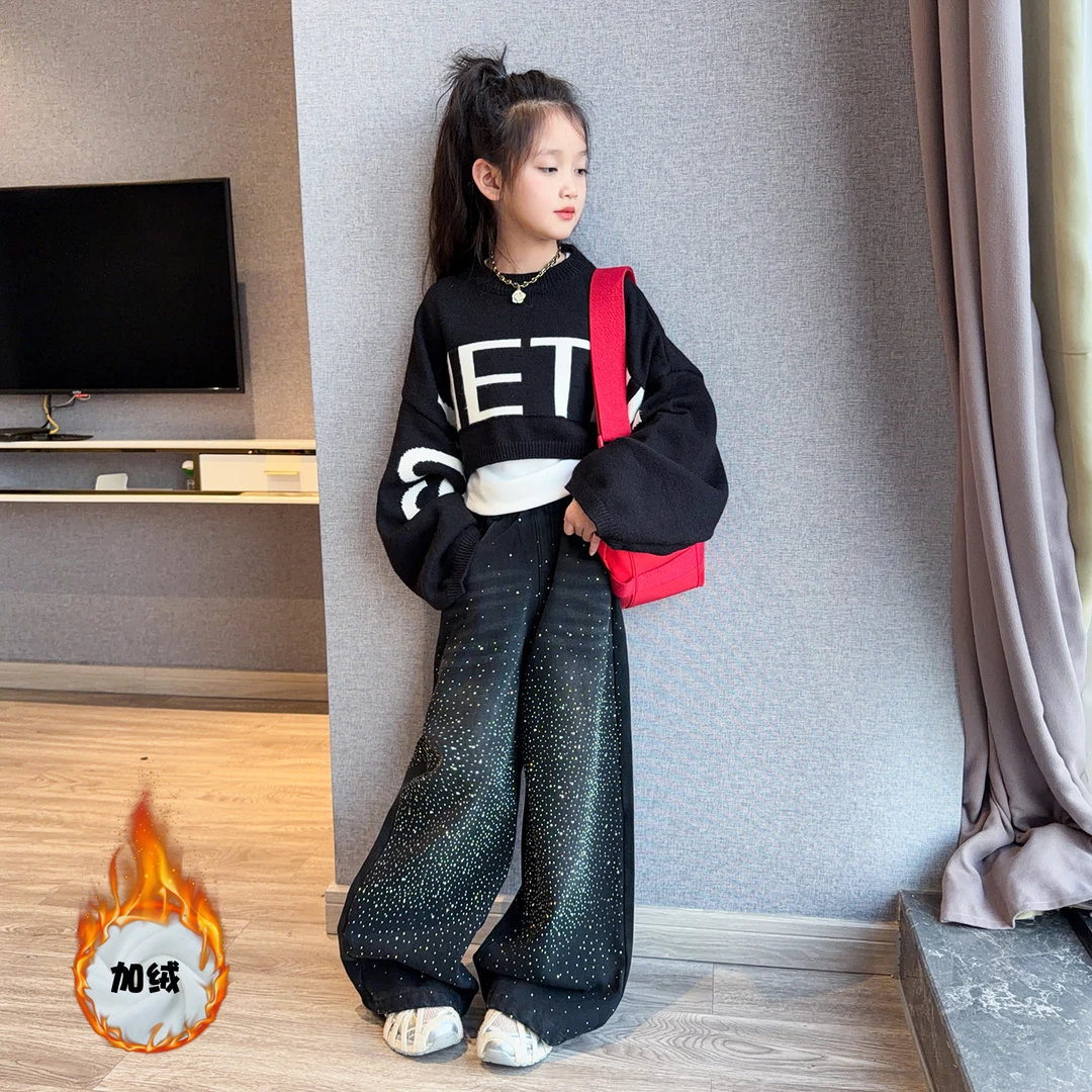 美式复古满天星烫钻牛仔裤2026新款女童洋气辣妹时尚慵懒风阔腿裤