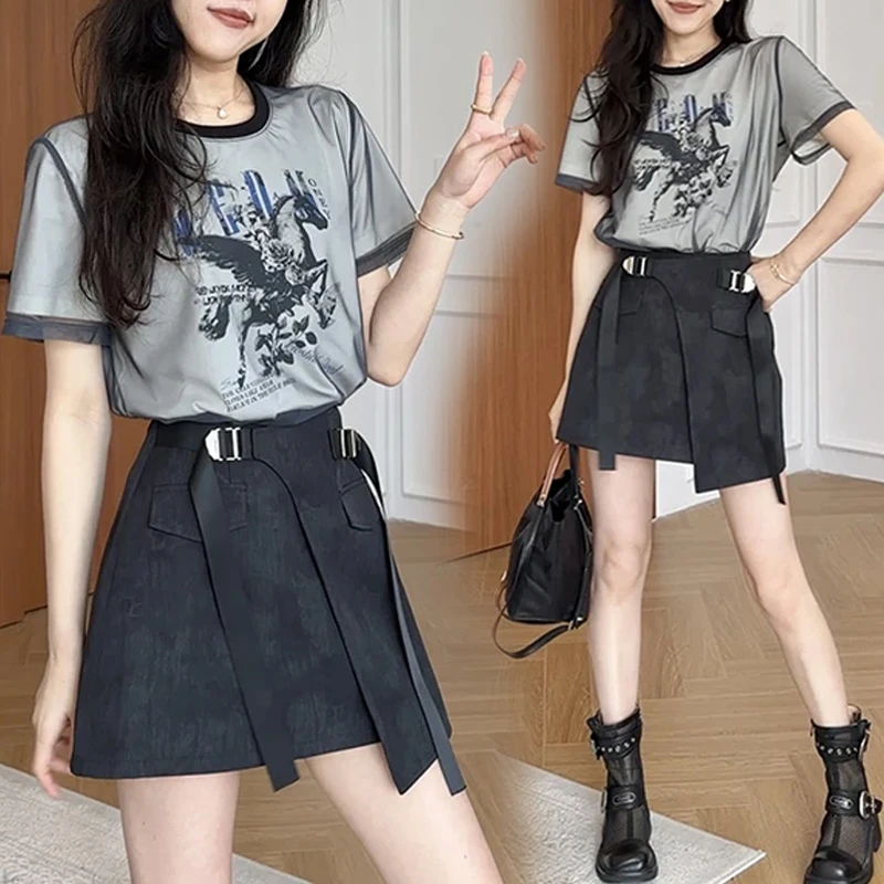 时尚两件套女2025夏新款假两件印花短袖t恤不规则显瘦裤裙两件套