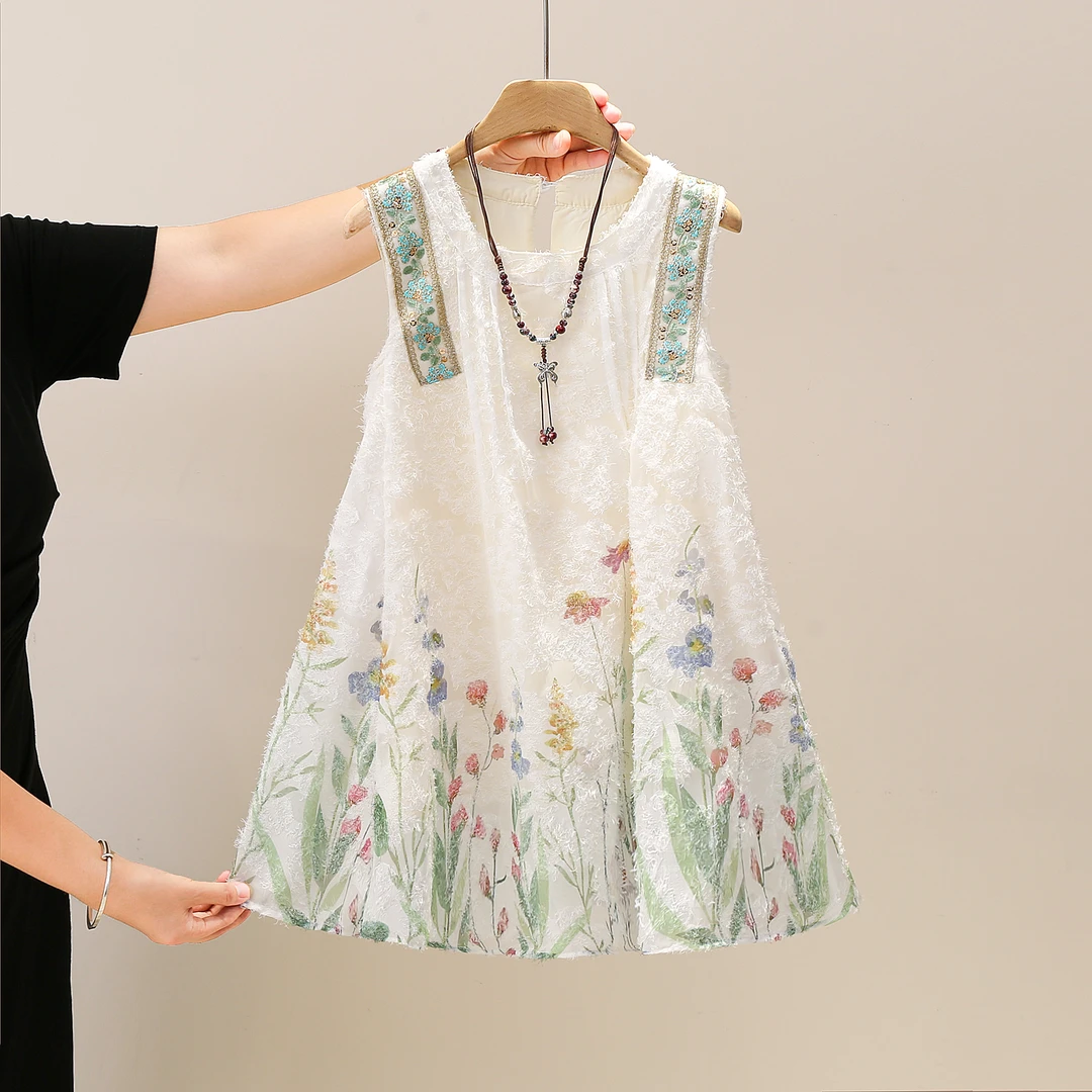 夏季女童无袖海边度假少女风韩版碎花裙子洋气时尚连衣裙（送项链）