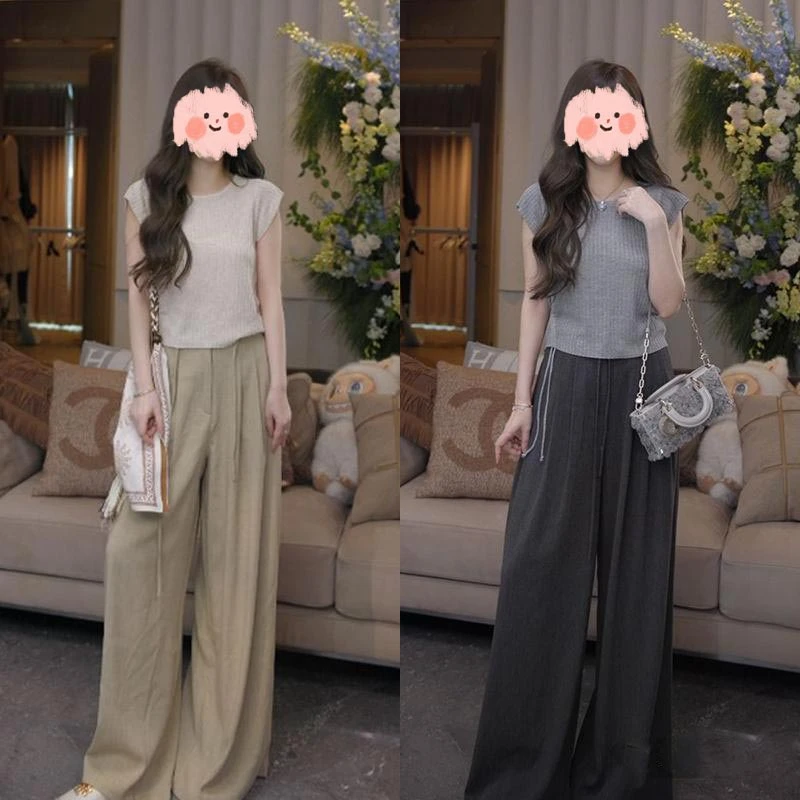 时尚多巴胺套装女韩系设计款圆领抽绳短袖宽松阔腿休闲裤两件套潮