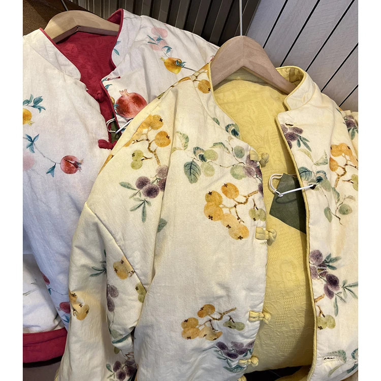 棉花棉服 双面穿手工盘口新中式棉麻女装冬季棉袄短款