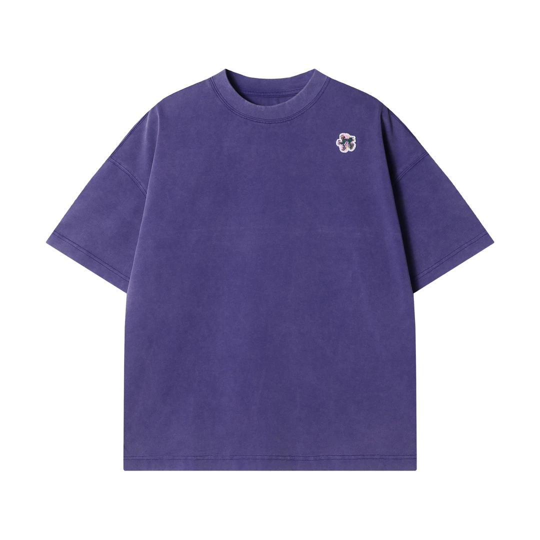 春夏新款时尚个性纯色撞色刺绣花朵圆领半袖T恤百搭潮流宽松上衣