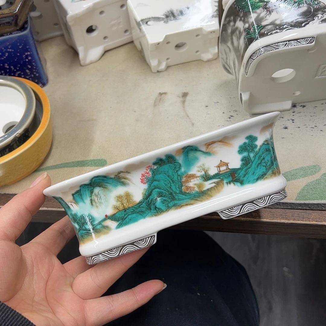 紫砂花盆930号瑕疵18/14/5.5cm仿手绘青绿山水