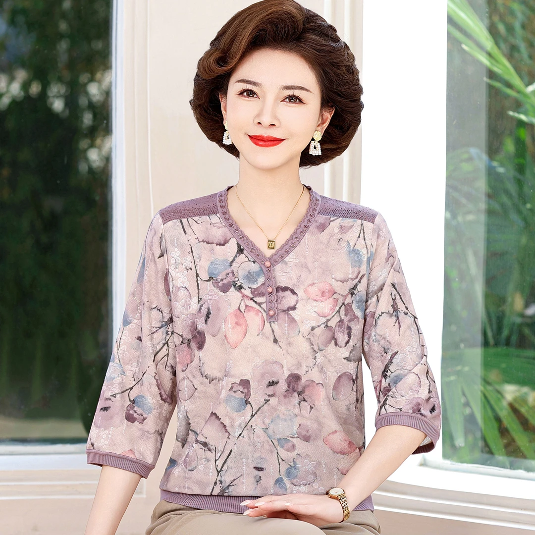 妈妈夏装针织小衫洋气冰丝薄款t恤新款中老年女装春夏上衣打底衫