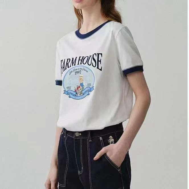 经典限定系列小熊印花刺绣撞色拼接基础正肩宽松小熊T恤 1087款 Q