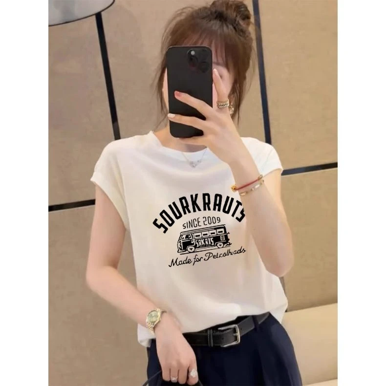 小飞袖正肩纯棉圆领短袖t恤女2025新款时尚百搭显瘦上衣春夏秋季