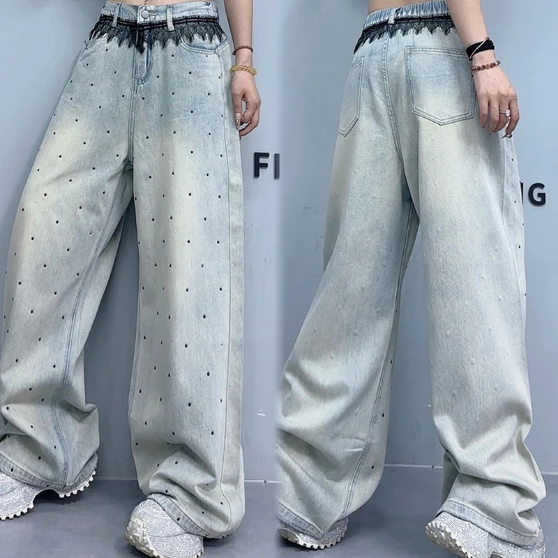 夏季时尚蕾丝阔腿牛仔裤女新款直筒高街宽松百搭垂感休闲裤-1176