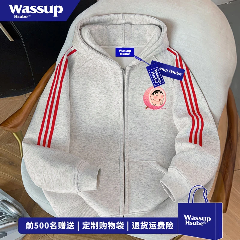 WASSUP HSUBE日系小新印花连帽开衫卫衣男女秋冬慵懒风三条杠外套