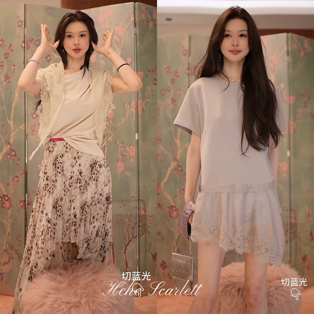 你的呵呵Scarlett|蕾丝春夏时尚新款圆领拼接显瘦短袖|豹纹裙