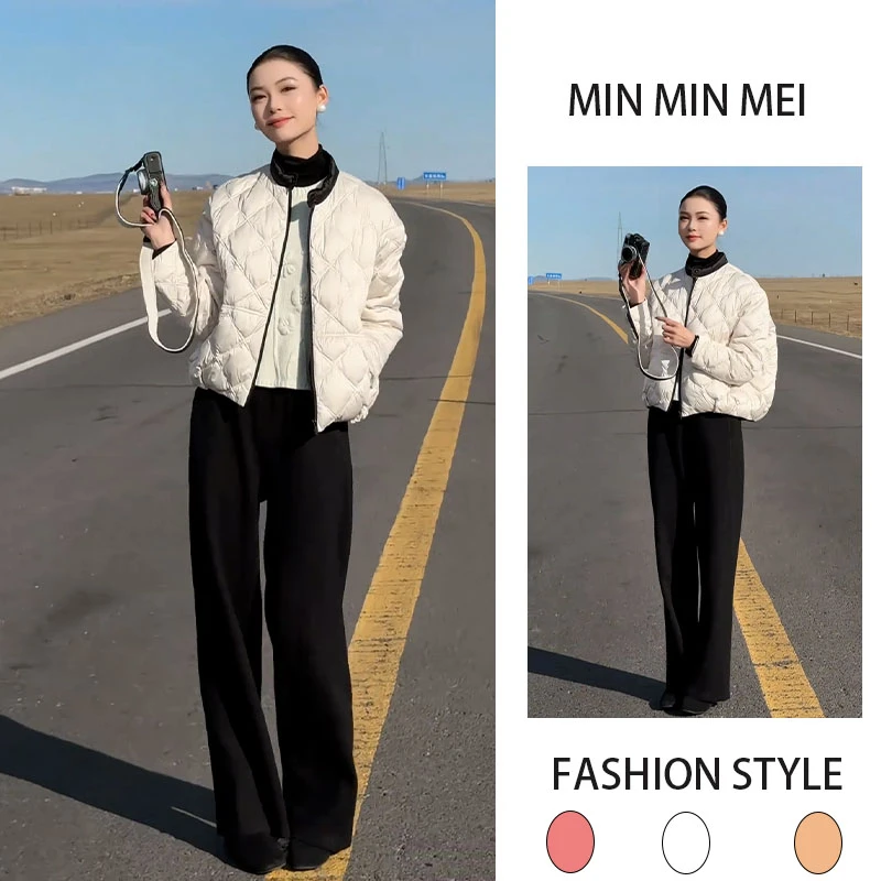 冬季时尚显瘦高级感夹棉宽松外套+加绒直筒裤百搭显瘦两件套