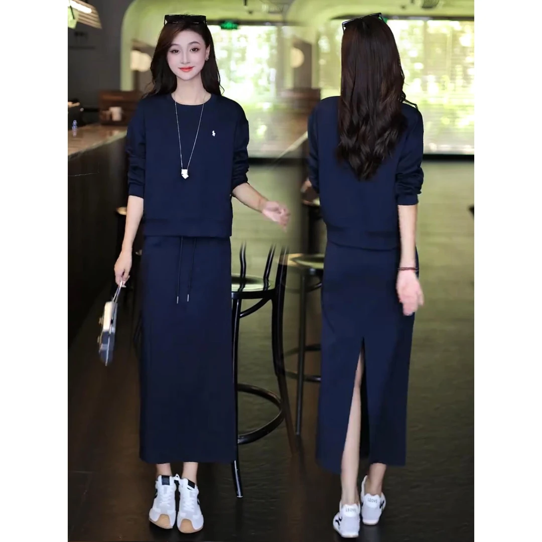 休闲连衣裙套装女2025秋季新款宽松圆领卫衣开叉半身裙时尚两件套