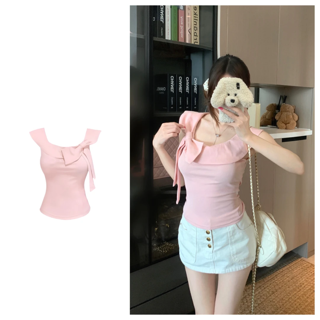 千金清冷感一字肩T恤女夏季独特漂亮小衫蝴蝶结绑带收腰显瘦上衣
