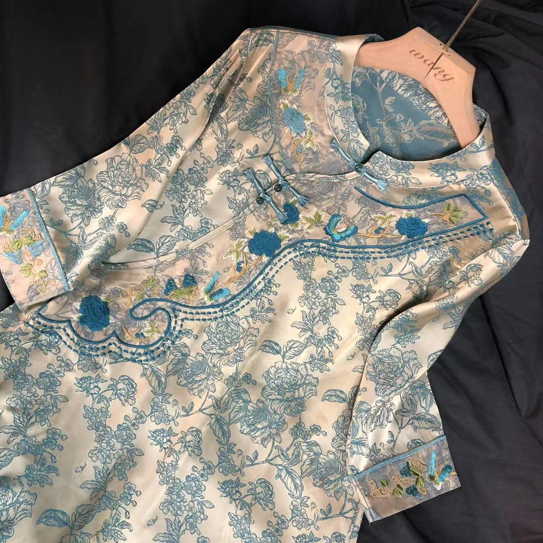 【青花瓷】新款重磅香云老料气质新中式国风提花青花瓷连衣裙