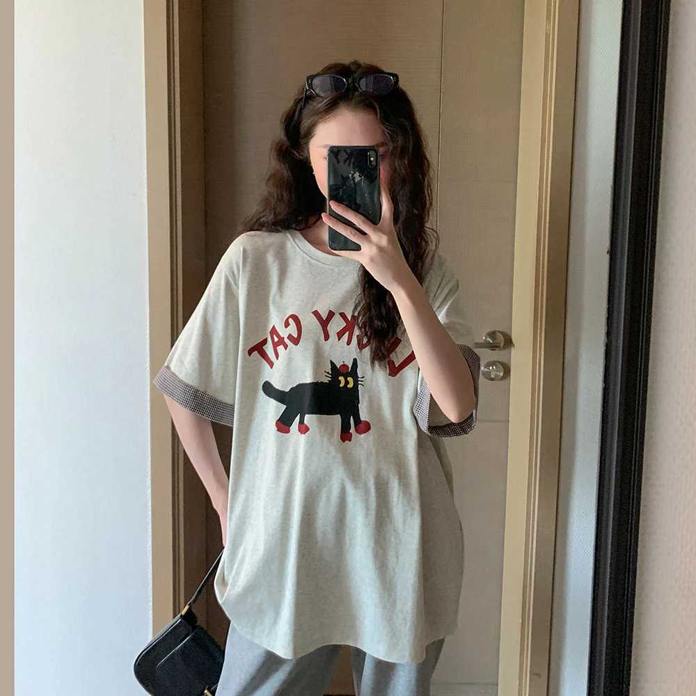 美式复古猫咪~印花短袖恤女夏季灰色圆领宽松纯棉半袖上衣