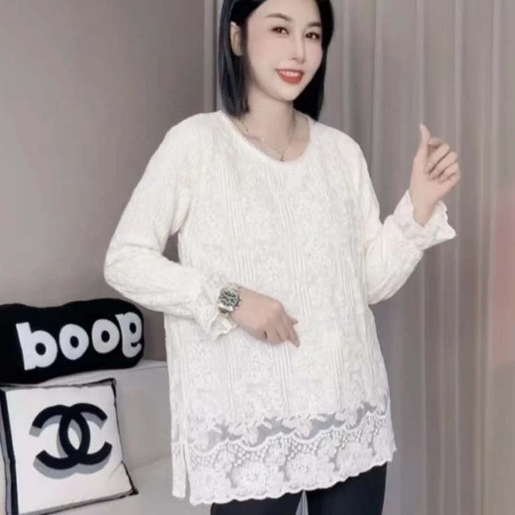 绝美气质法式轻奢圆领中长开叉显瘦长袖蕾丝钩花镂空百搭上衣潮