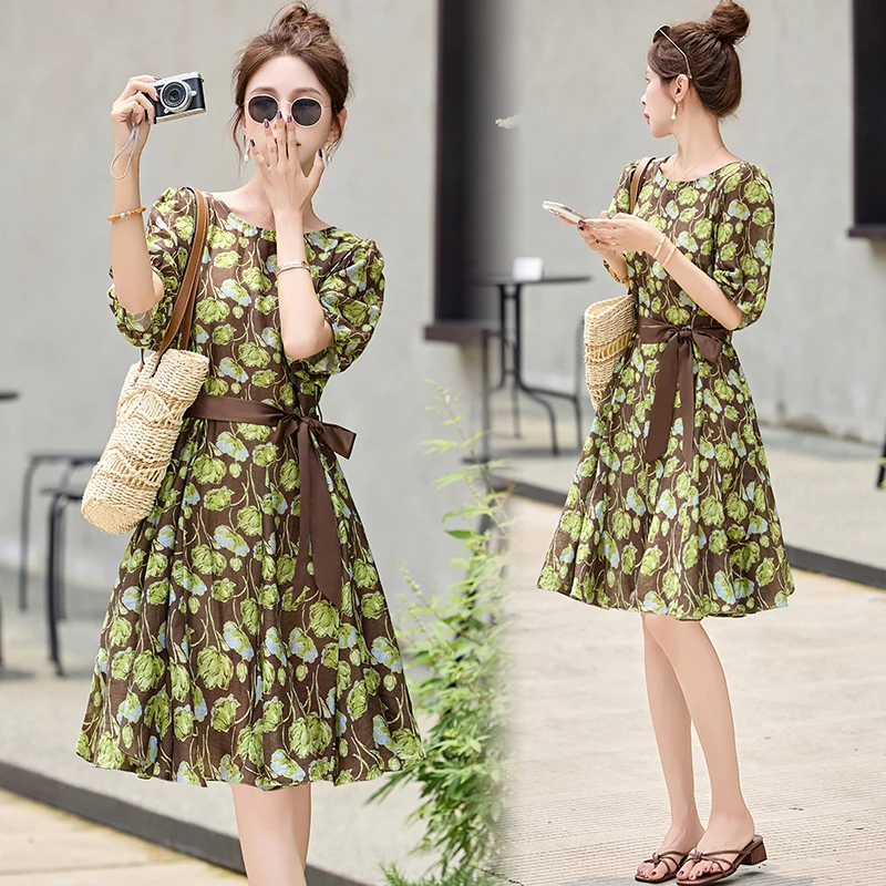 高端精致天丝连衣裙夏装新款时尚气质印花遮肚显瘦高级感裙子