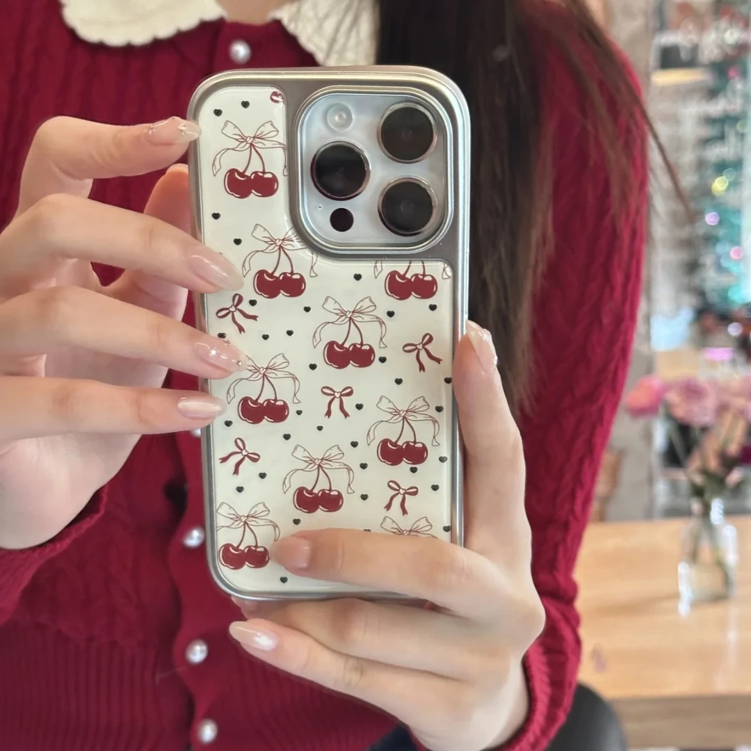 电镀银滴胶简约樱桃蝴蝶结小众适用苹果17pro女iphone16手机壳