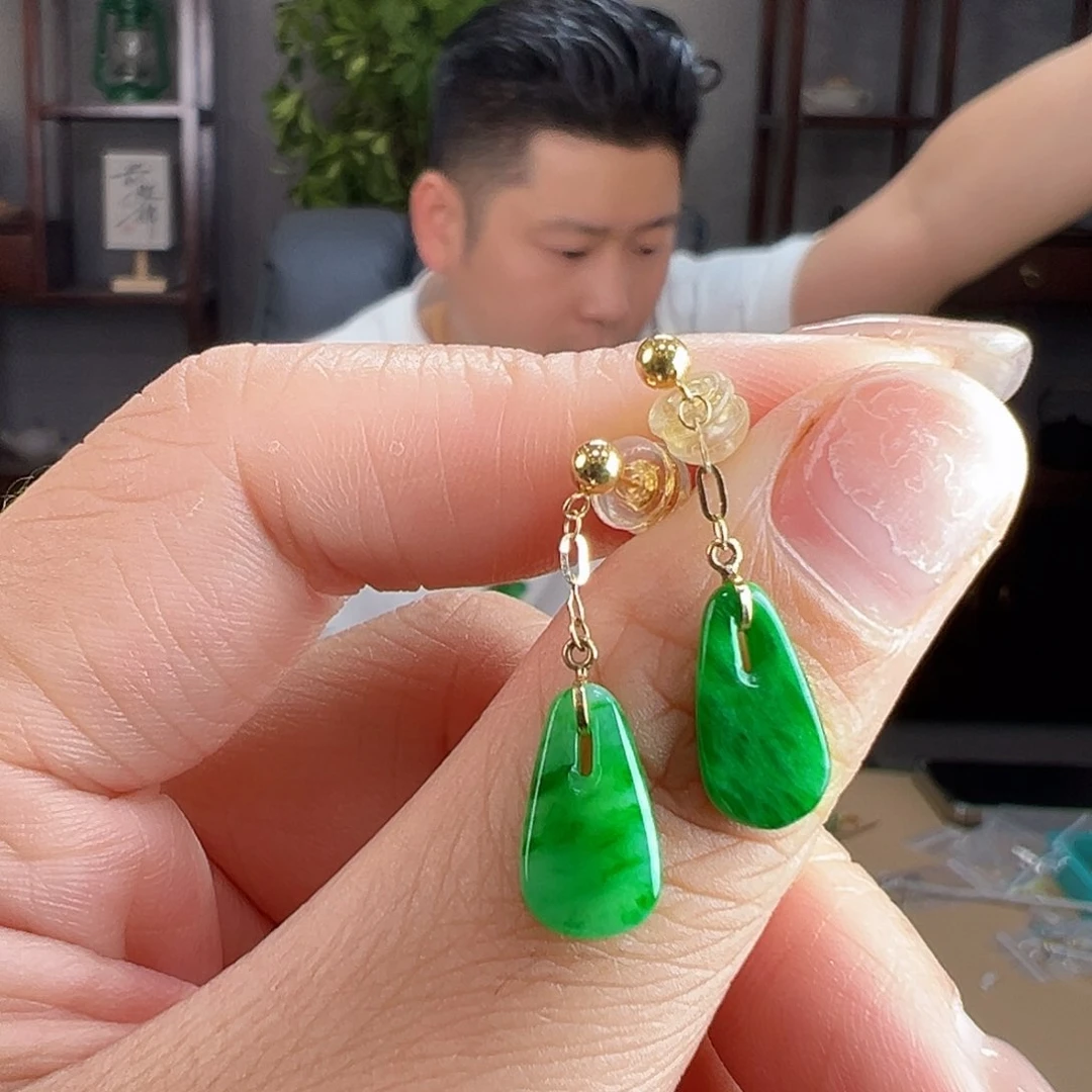 9***言翡翠18K金镶嵌耳饰耳环