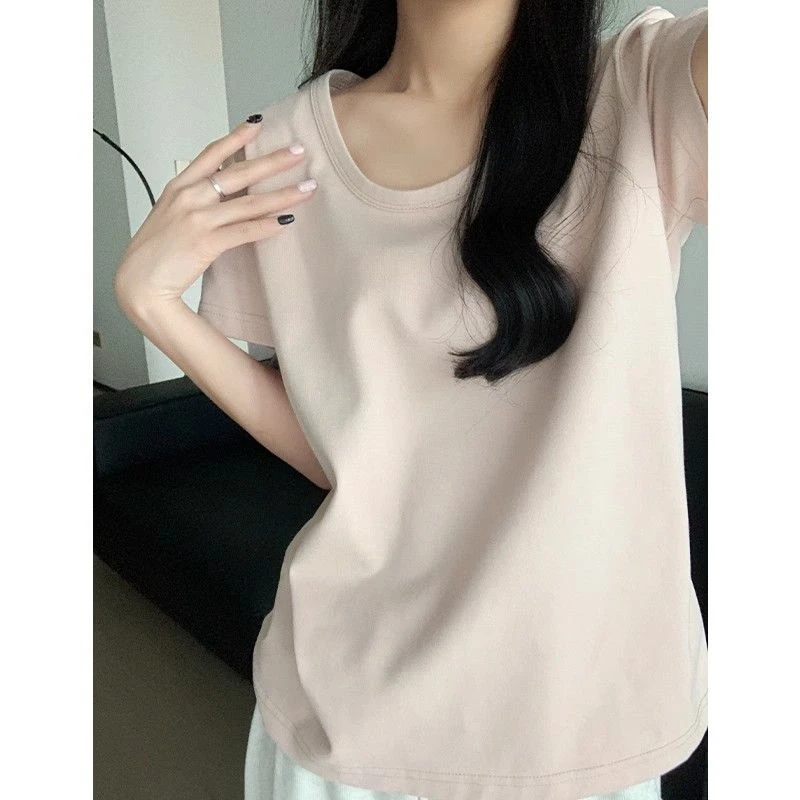 II正肩U领粉色短袖T恤女夏短款高腰修身上衣简约百搭休闲色体恤