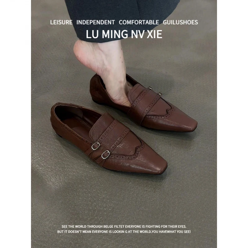 羊皮版~2025新款复古小众英伦风小皮鞋方头百搭英伦风白色乐福鞋