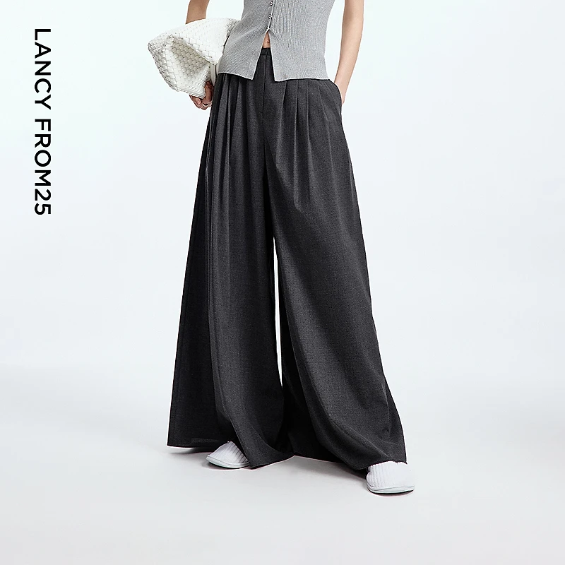 朗姿阔腿直筒裤中高腰复古风高级感2025年夏季新款气质通勤长裤女