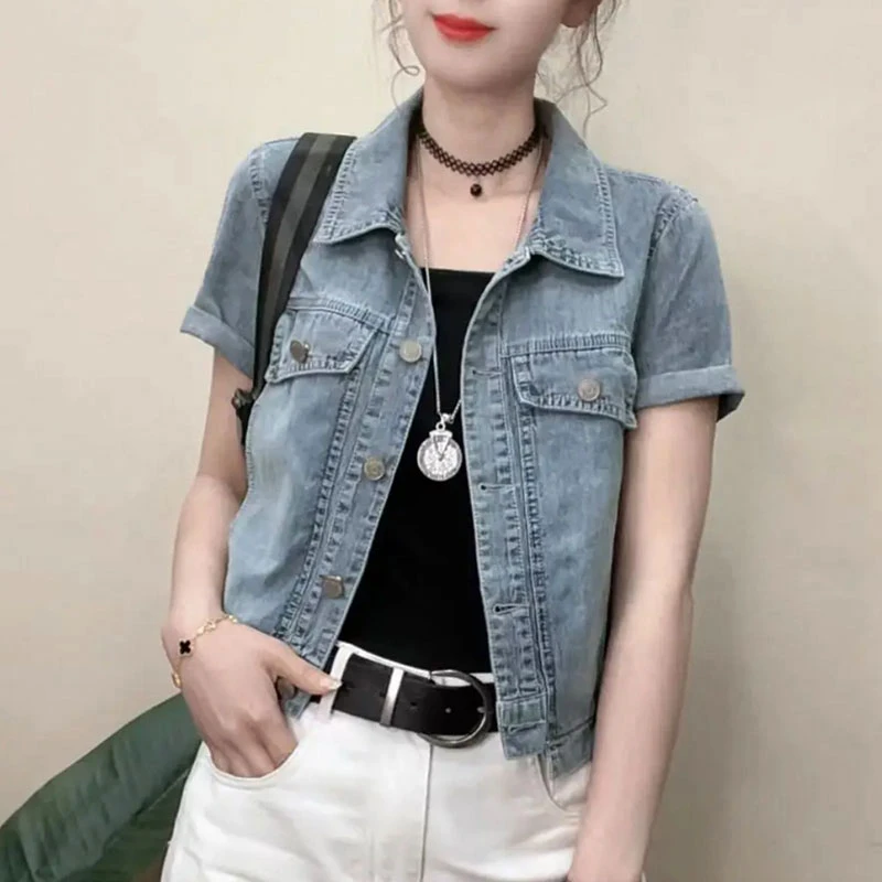 美式工装风短袖牛仔衬衫外套女2025夏新款设计感拉链正肩短款上衣