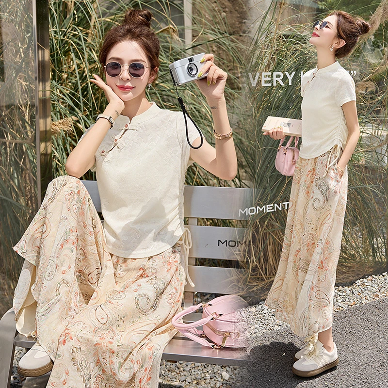 新中式套装2025年夏新款女装时尚休闲气质上衣裤裙两件套爆款洋气