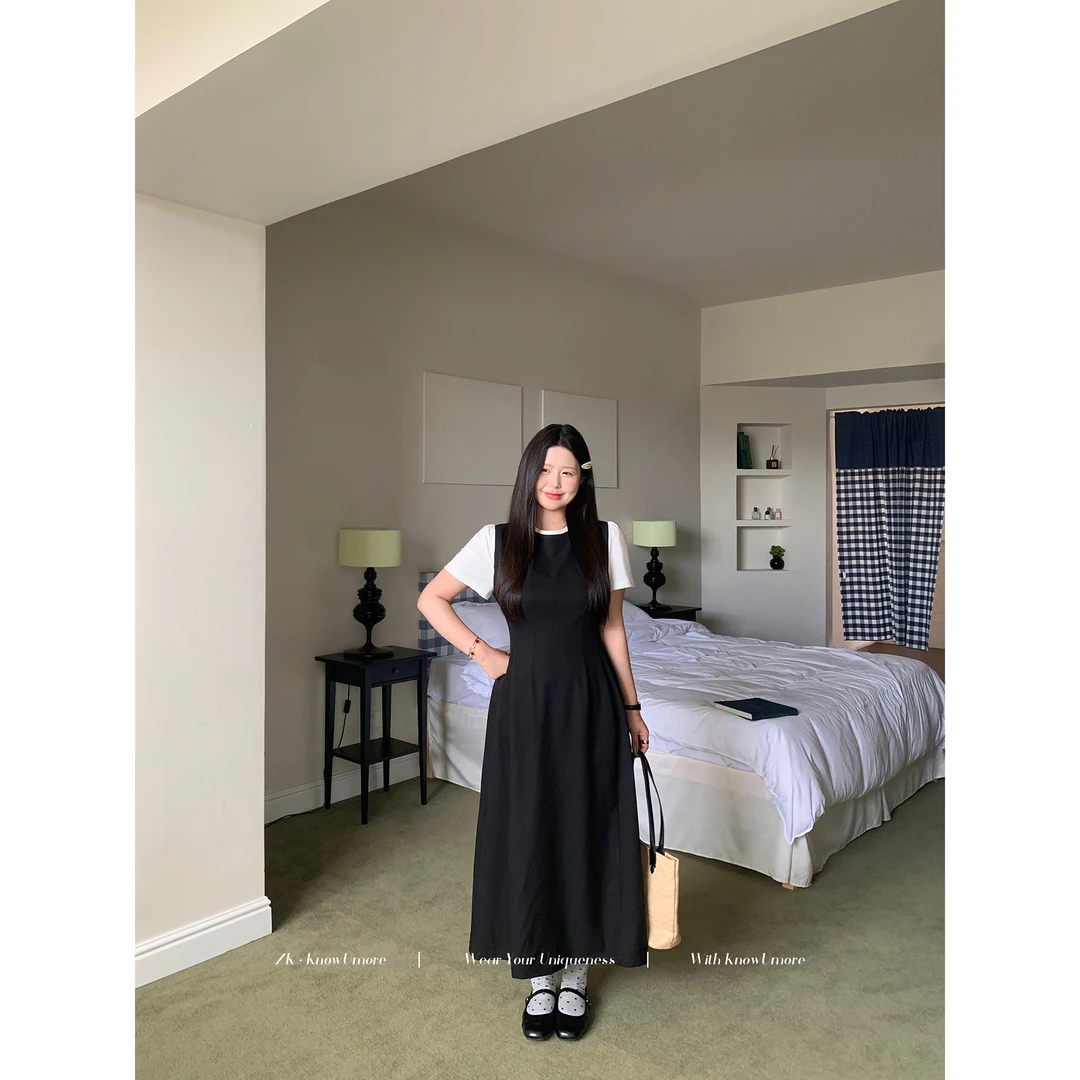 知葵微胖定制【黑色奥义】夏季韩系撞色显瘦连衣裙12251L3093