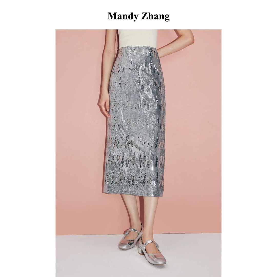 【彭彭echo专属】Mandy Zhang高级感黑色丝绒亮片半身裙女冬季裙子