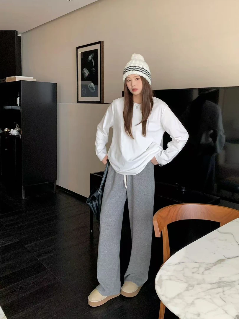 5001三炫新款直闲气质百搭显瘦直筒加绒糯米裤