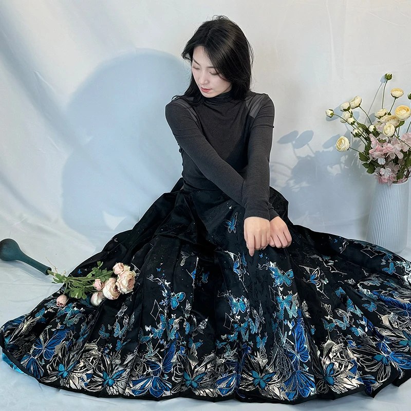 新中式汉服日常简约款马面裙【蓝蝶】仿妆花时尚通勤国风时尚四季款