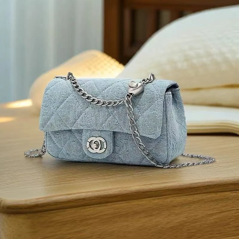 牛仔单肩斜挎包2025新款包包女时尚百搭小香风菱格链条包250316