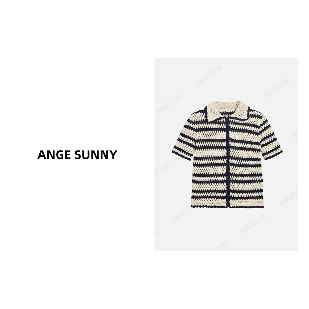 ANGE SUNNY【张元英同款 镂空针织开衫】M家字母条纹翻领针织上衣