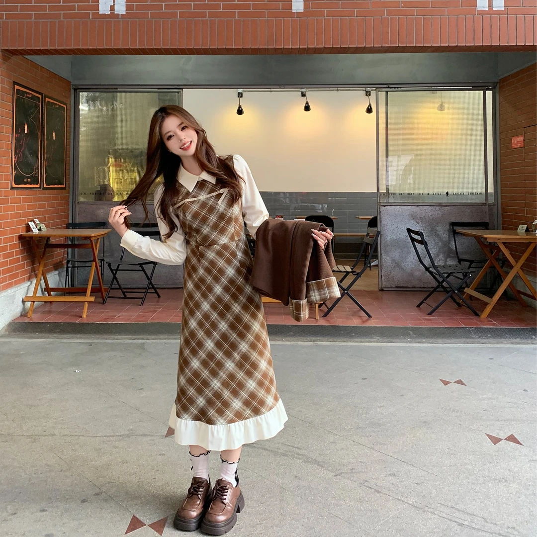松茶可可连衣裙 织物猪原创 秋冬美拉德复古学院风显瘦假两件