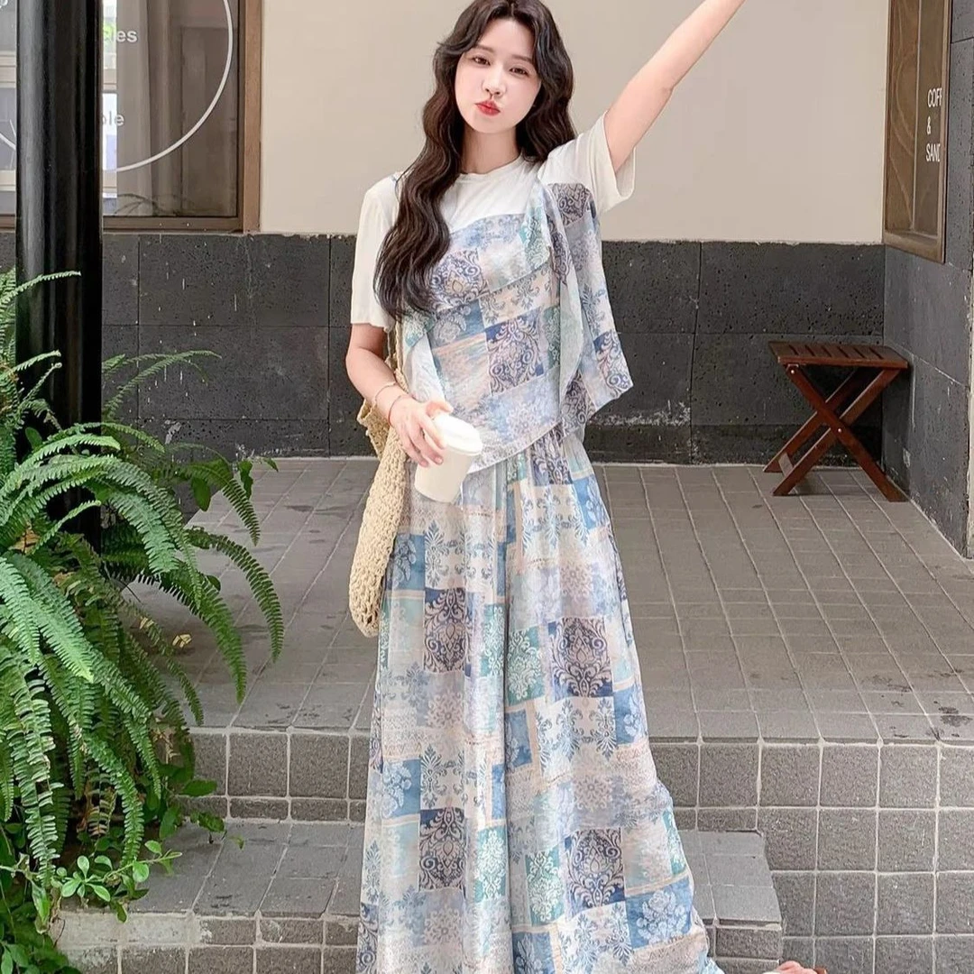 夏季新款韩版设计感拼接假两件印花短袖上衣休闲宽松阔腿裤两件套