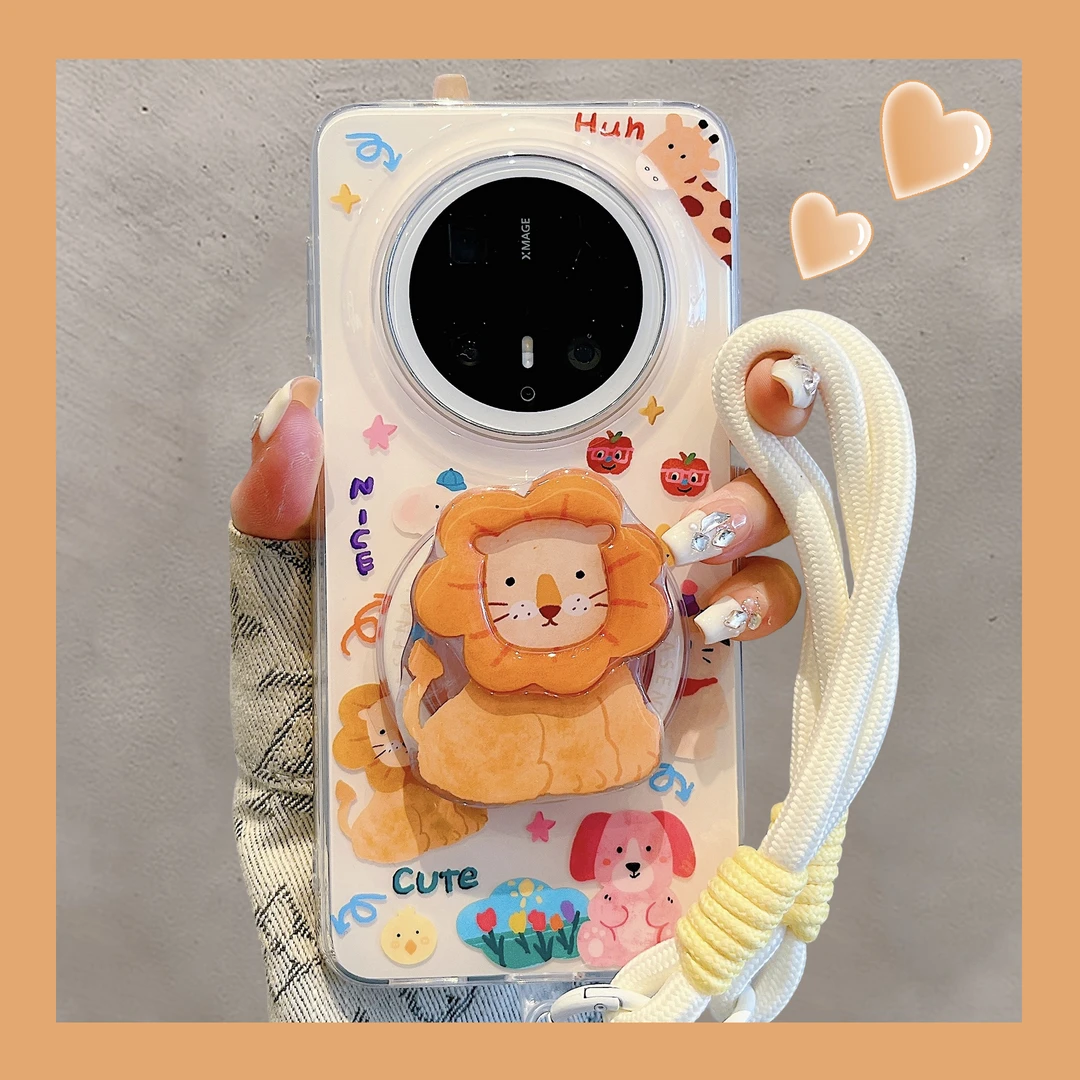 适用华为mate70pro+手机壳卡通动物园狮子磁吸支架pura70双层防摔