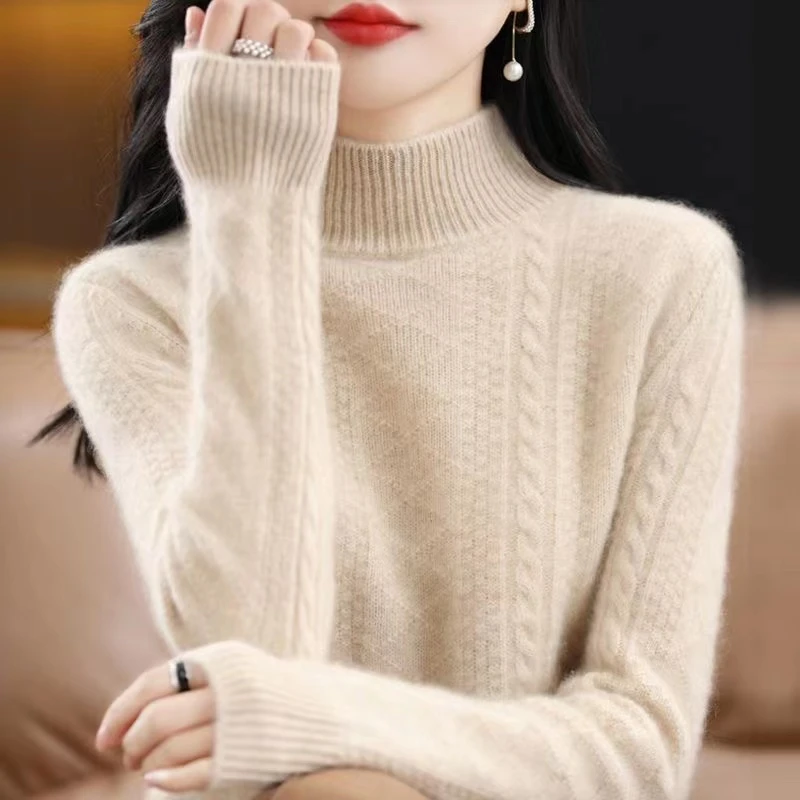 2024新款半高领羊毛衫女秋冬套头毛衣百搭宽松加厚羊毛打底衫BB