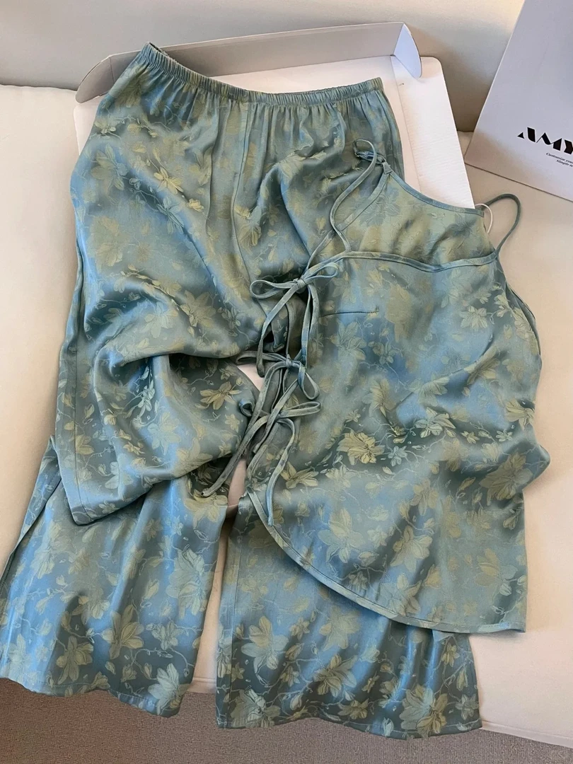 国风新中式小家碧玉碎花冰丝吊带睡衣女夏季新款套装可外穿家居服