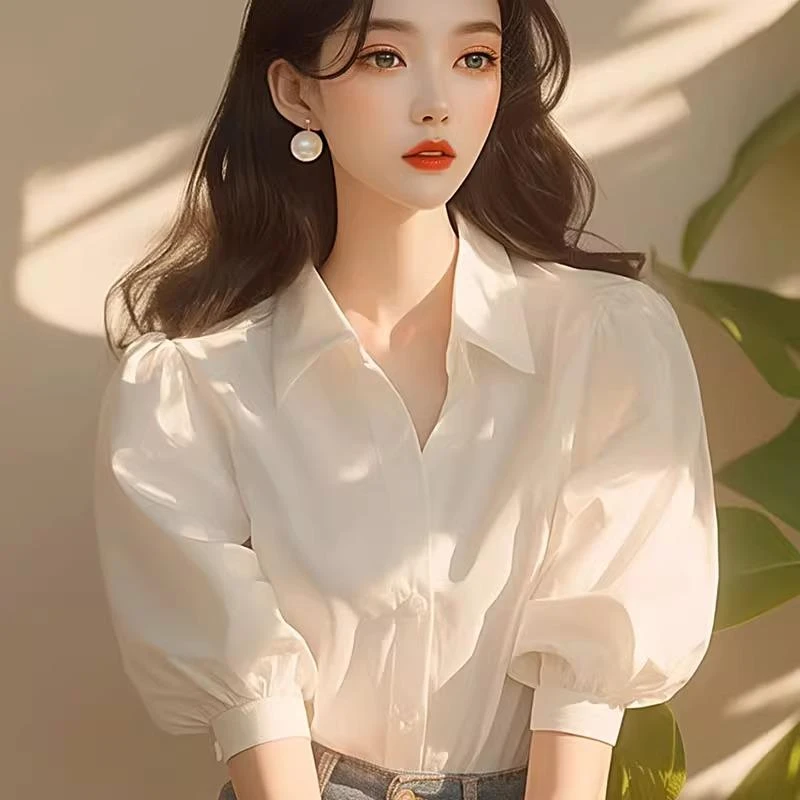 魅言品牌女装洋气衣服女小个子显瘦小香风白色泡泡袖衬衫法式衬衣