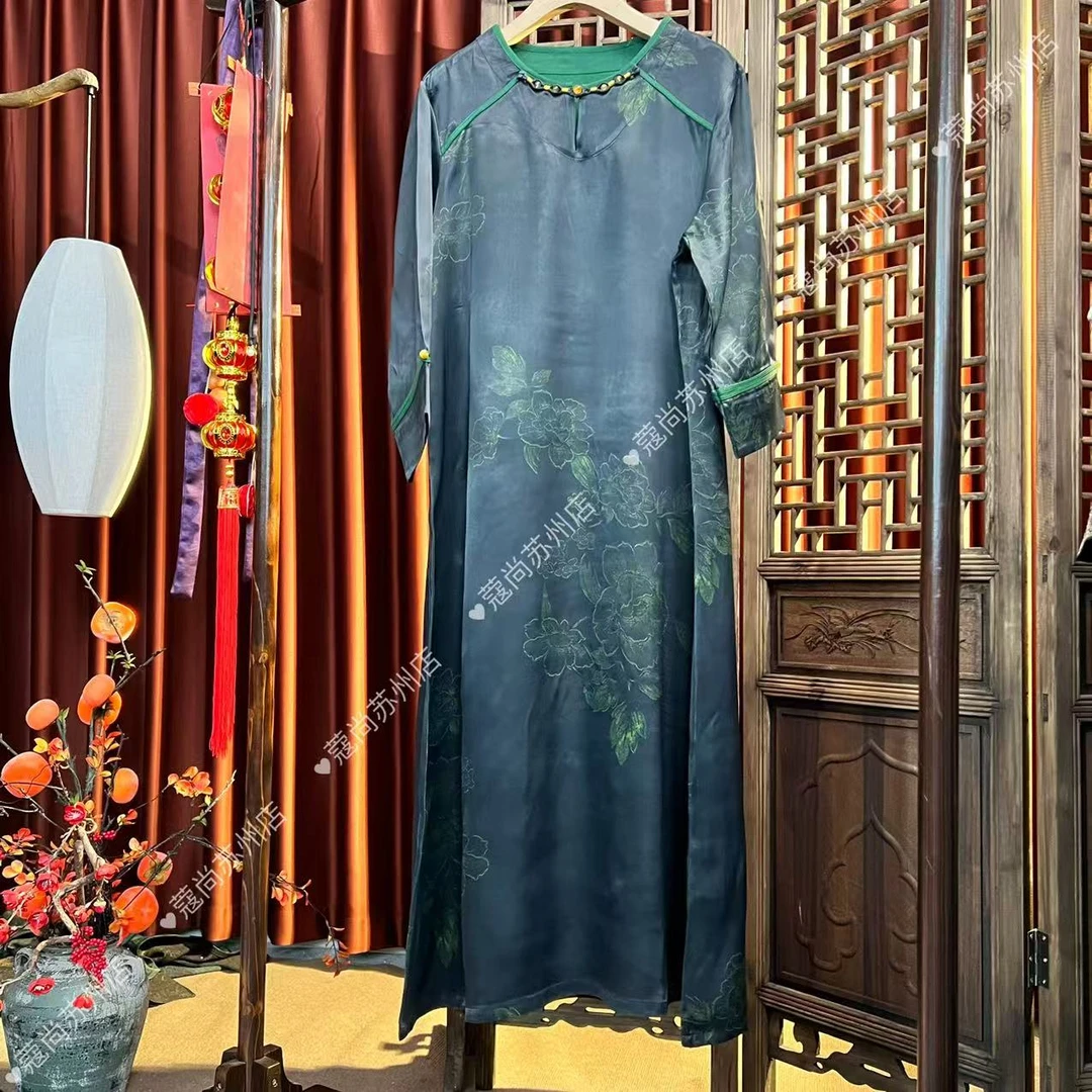 春季新款青鸢牡丹新中式国风连衣裙